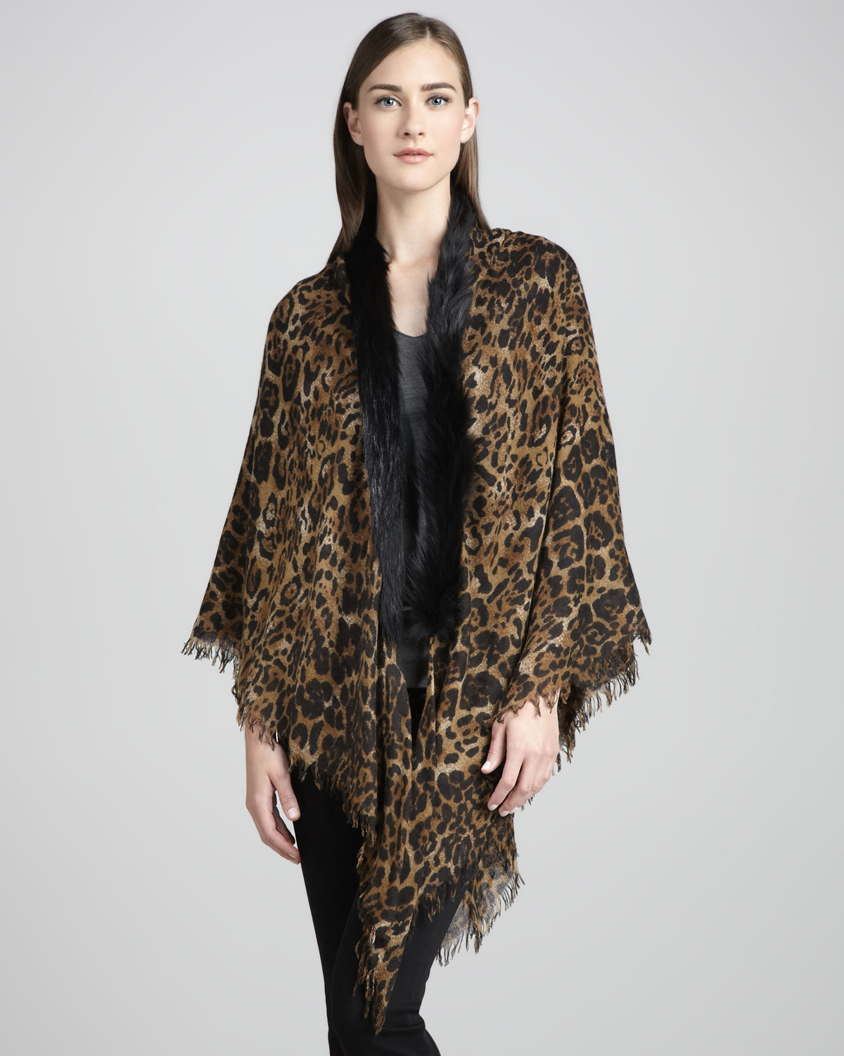 Lyst - Sofia cashmere Fox Fur-trim Leopard-print Shawl in Brown