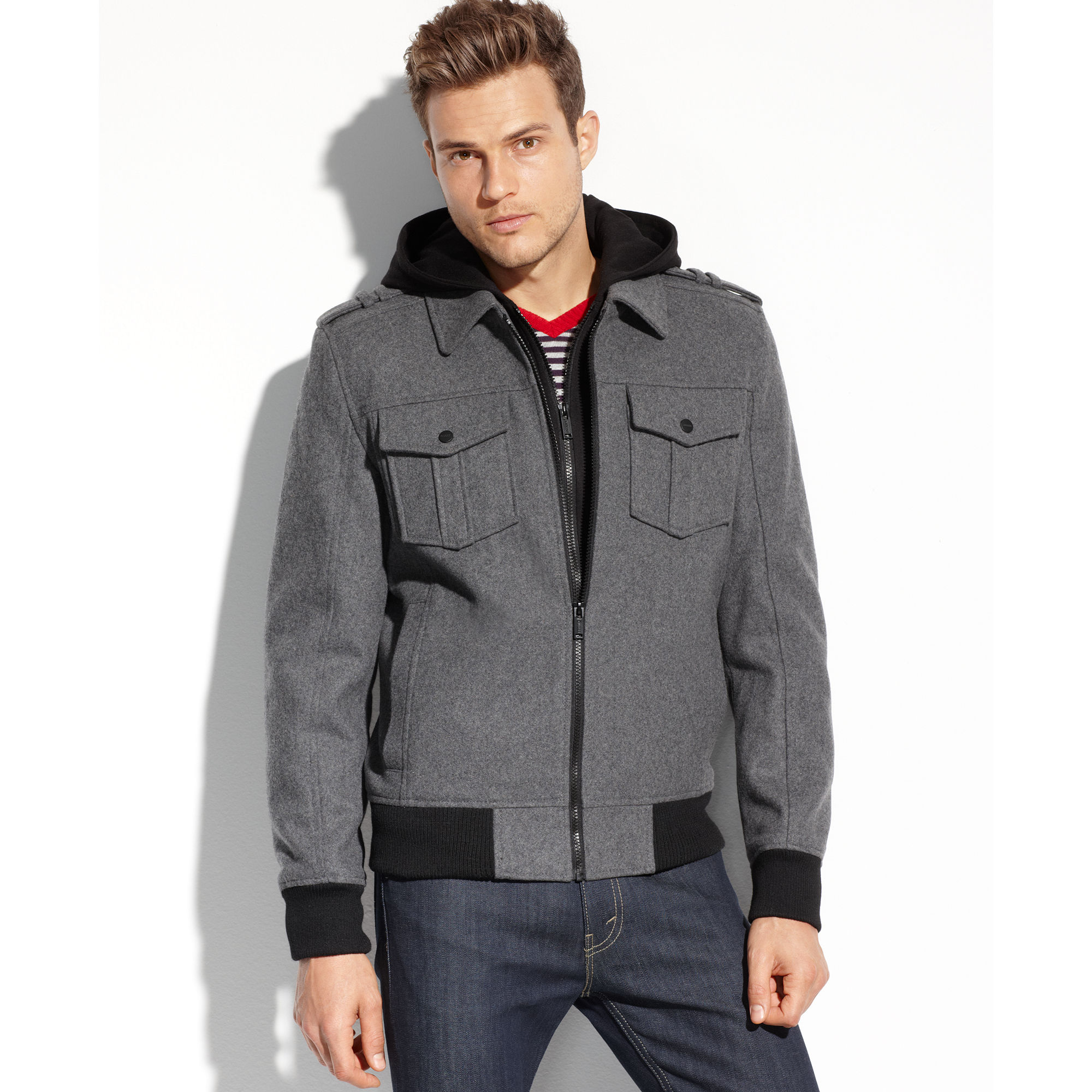 Guess Coats Wool Patch Pocket Hooded Bomber in Gray for Men (Black) | Lyst