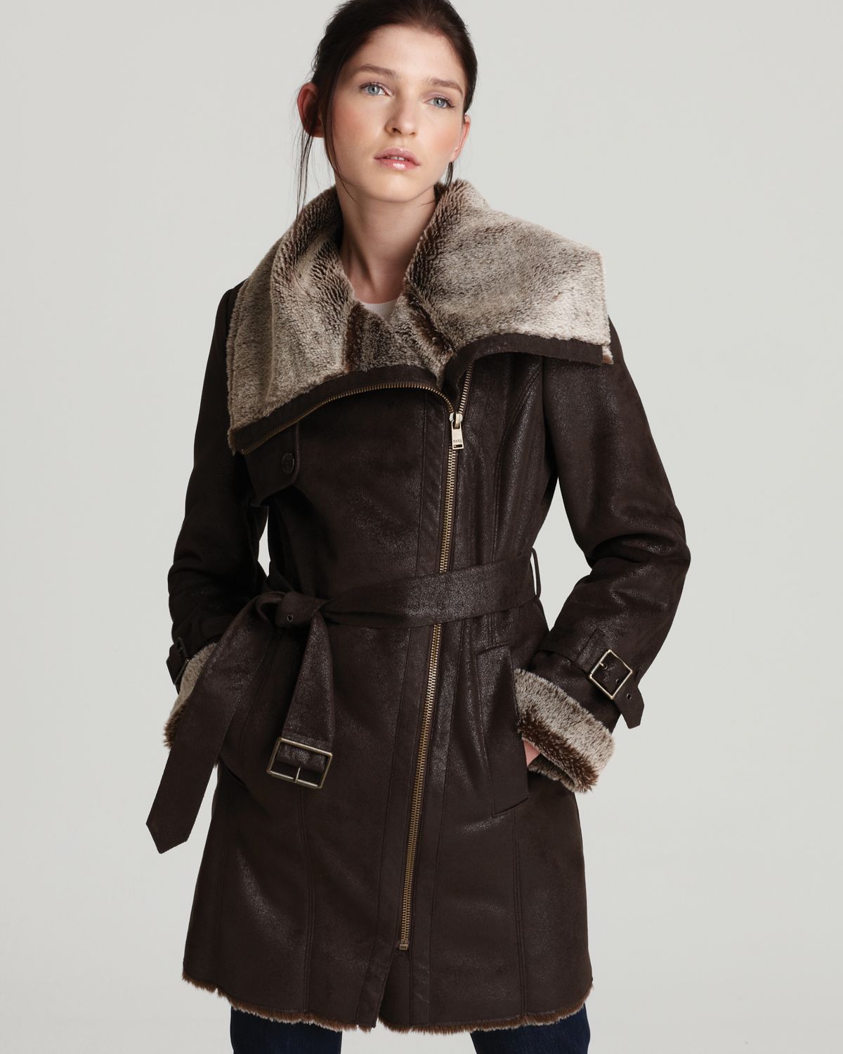 Lyst - Marc New York Distressed Faux Shearling Coat in Brown