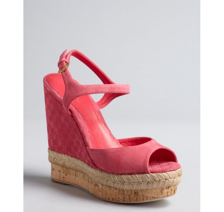 Lyst Gucci  Pink Guccissima Suede and Cork Wedge Sandals  