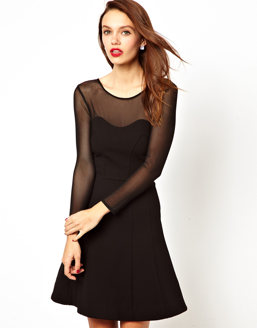 Lyst French Connection Skater Dress With Sheer Sleeves In Black Gallery
