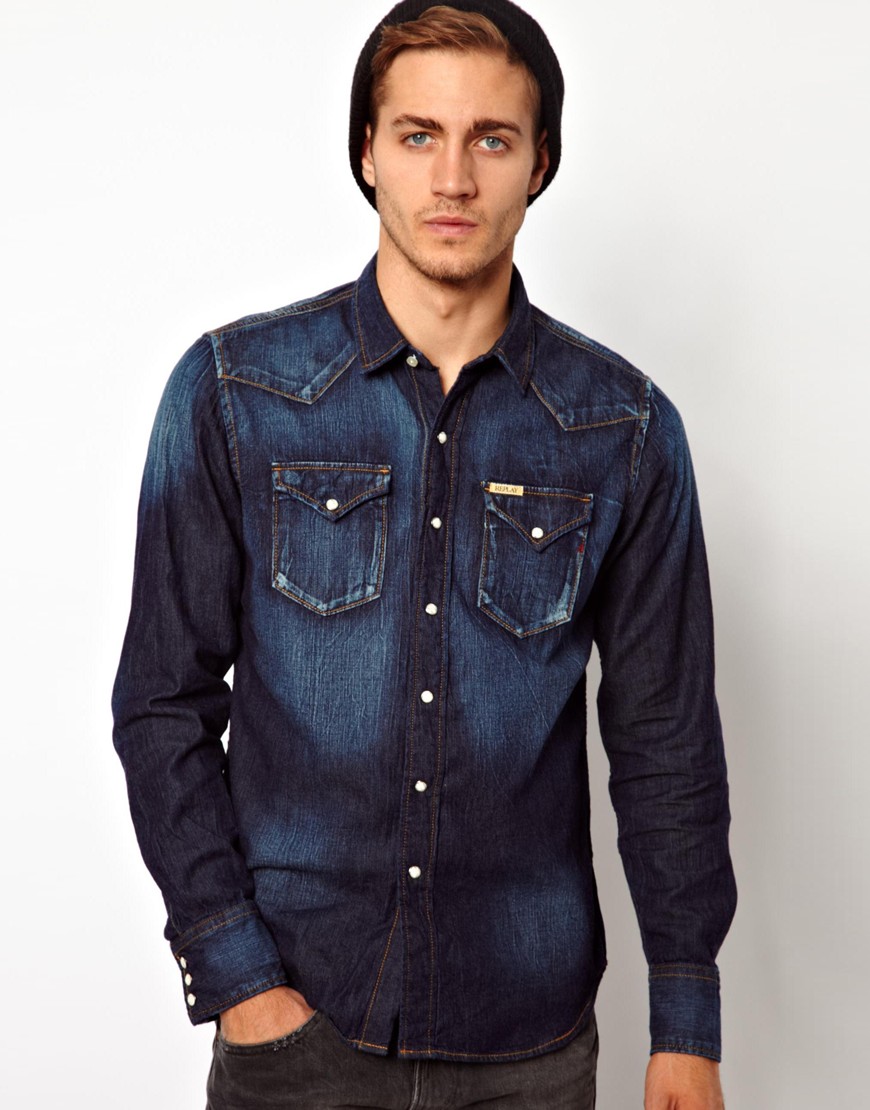 Asos Replay Denim Shirt Mid Blue in Blue for Men | Lyst