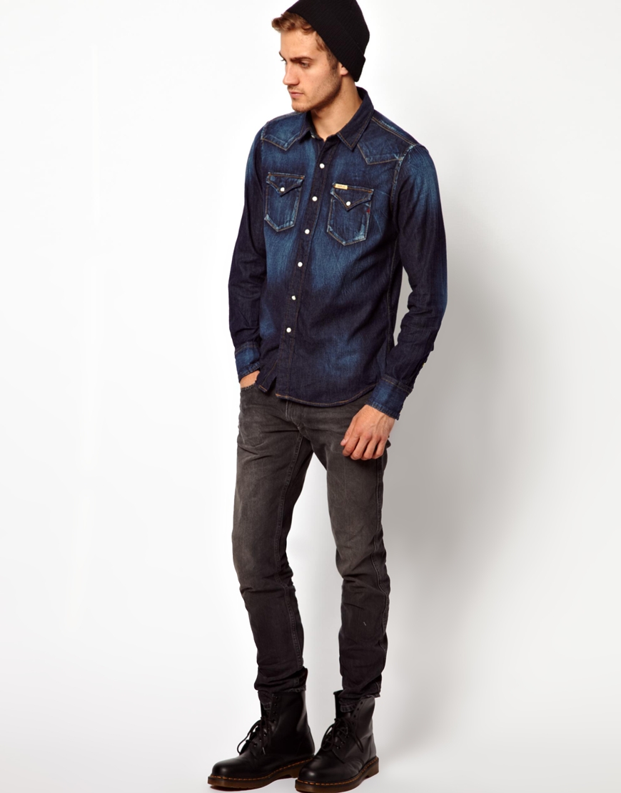 Lyst - Fred Perry Replay Denim Shirt Mid Blue in Blue for Men