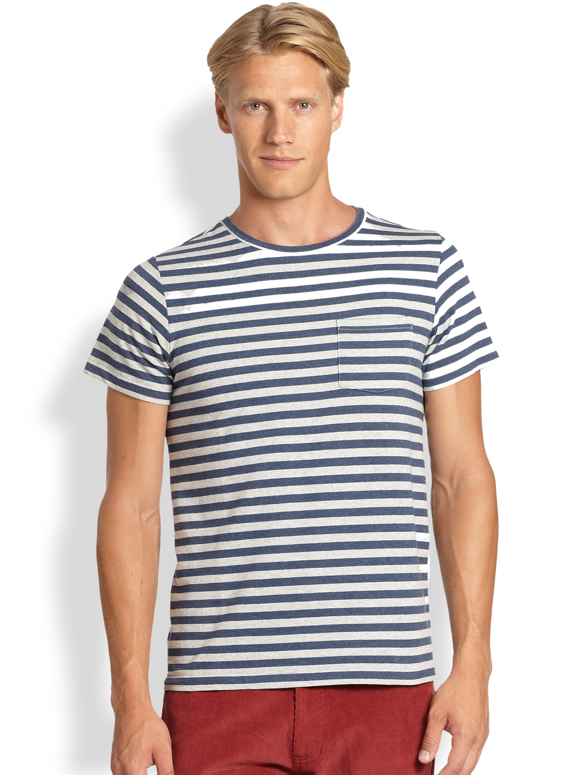 Saks fifth avenue Striped Pocket Tshirt in White for Men (NAVY) | Lyst