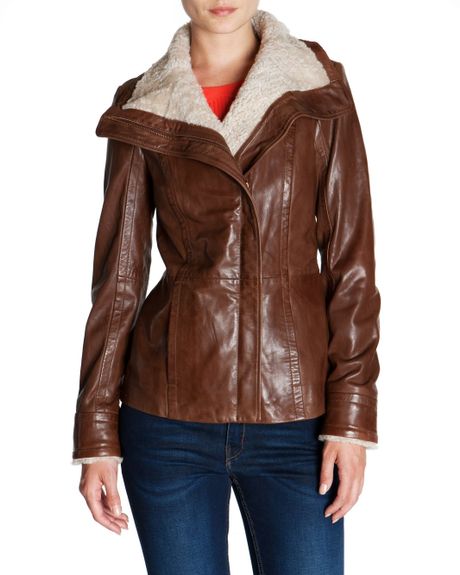 Ted Baker Amilia Shearling Collar Leather Jacket in Brown | Lyst