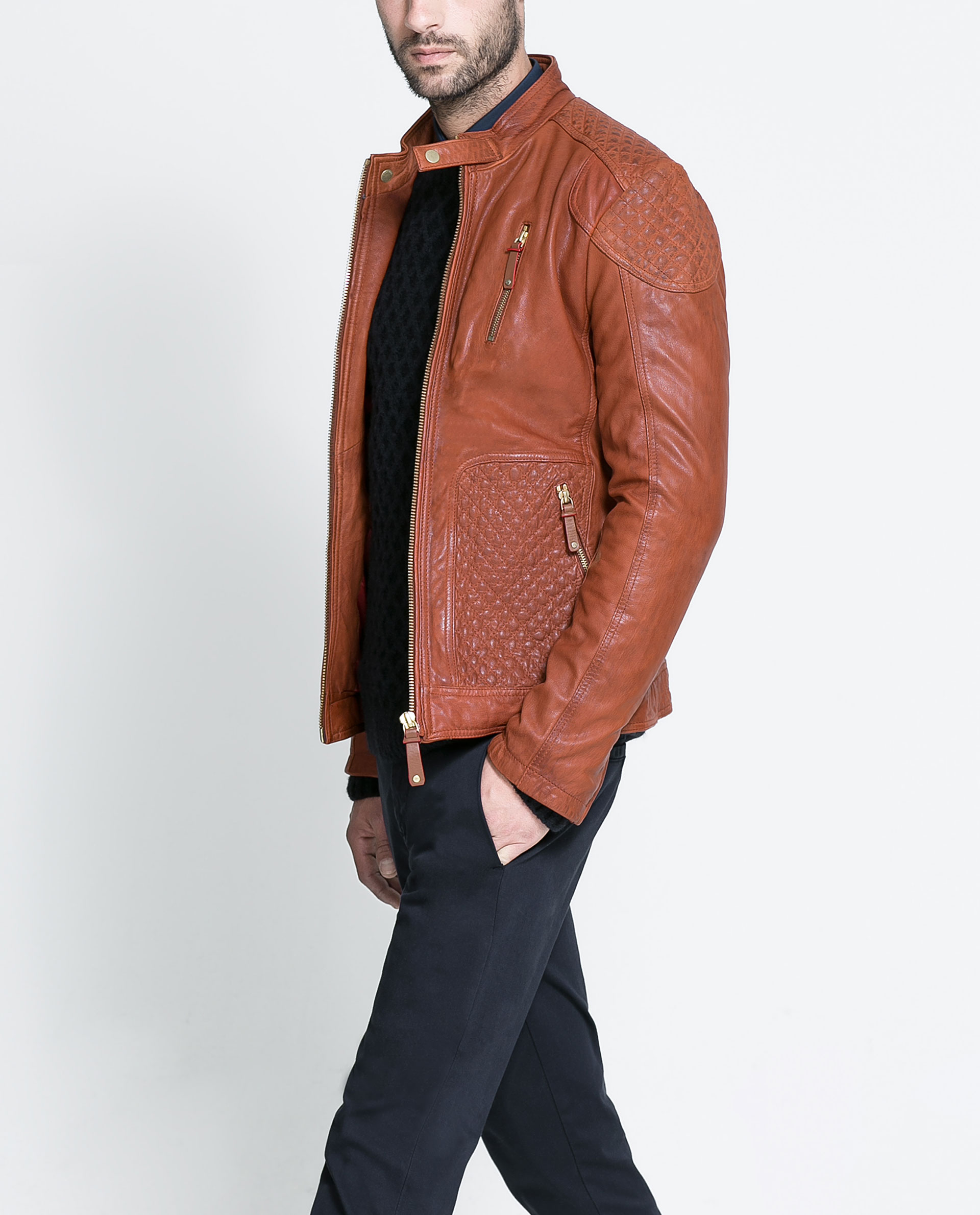 Zara Leather Jacket With Topstitching At The Shoulders And Pockets Gallery