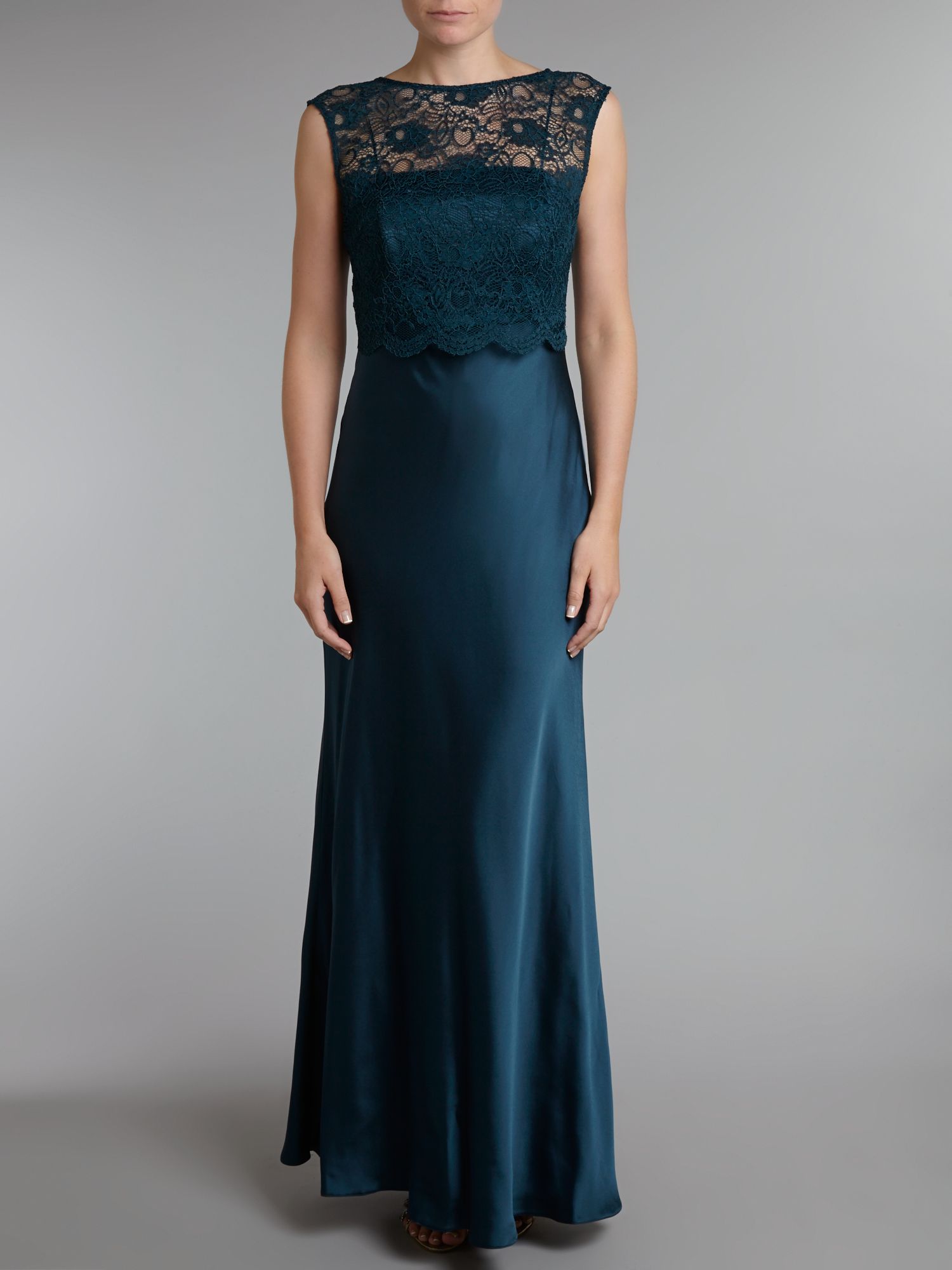 Ariella Bridesmaid Lace Top Satin Maxi Dress in Green | Lyst