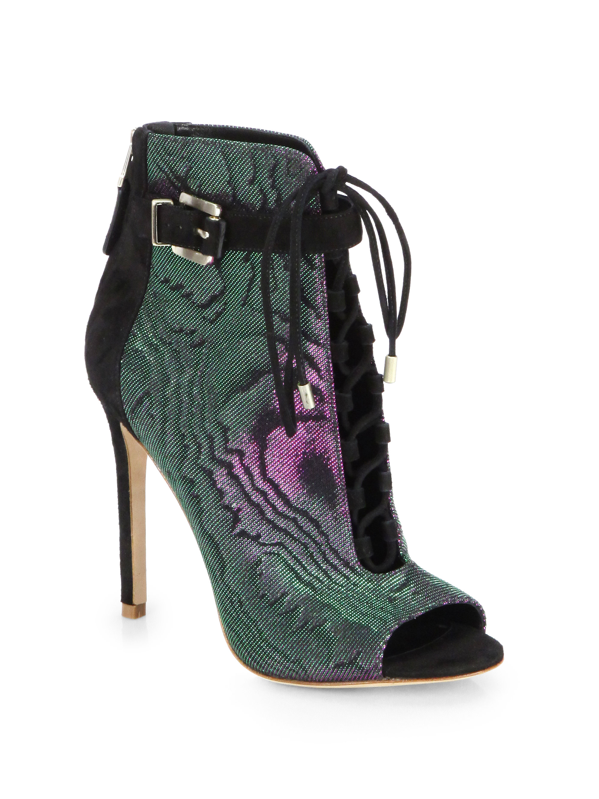 B Brian Atwood Lindford Iridescent Canvas Suede Peeptoe Ankle Boots in ...