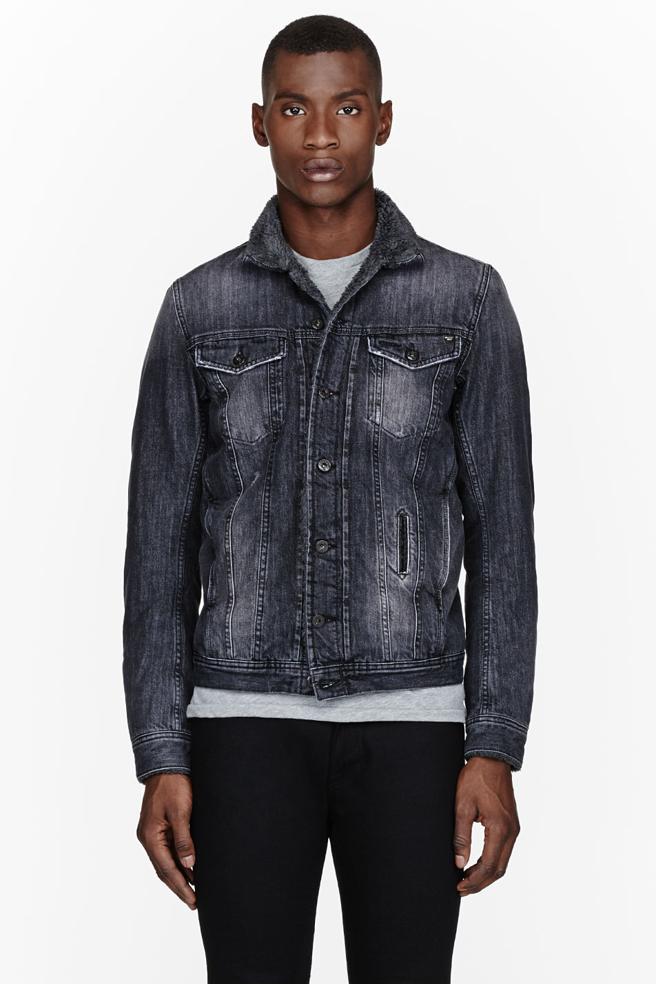Lyst Diesel Black Shearling Collar Elshar Denim Jacket in Black for Men