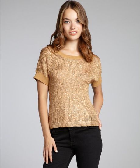 Ellen Tracy Gold Sequined Short Sleeve Embellished Sweater in Gold | Lyst