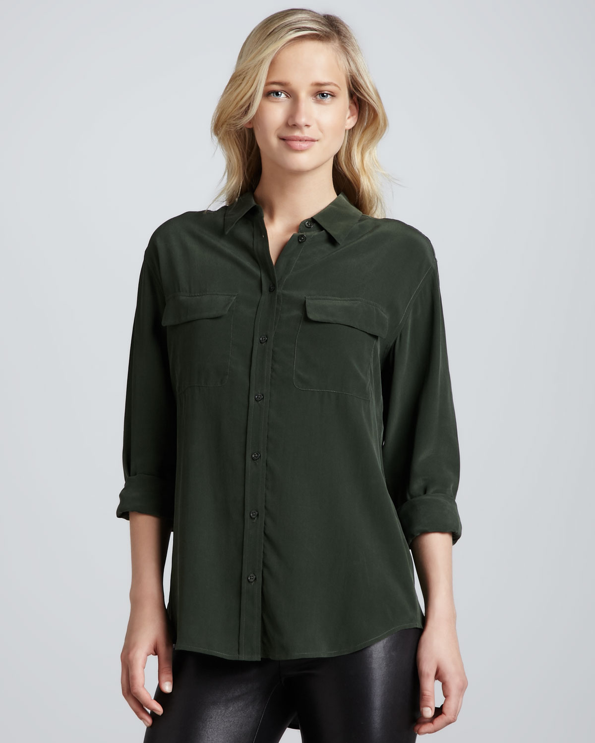 Lyst Equipment Signature Vintage Wash Silk Blouse Dark Army in Green