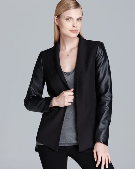 Dkny Shawl Collar Blazer with Faux Leather Sleeves in Black | Lyst