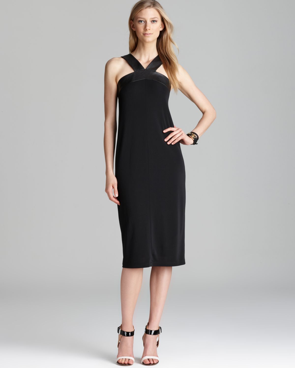 Lyst - Dkny Halter Dress with Leather Trim in Black