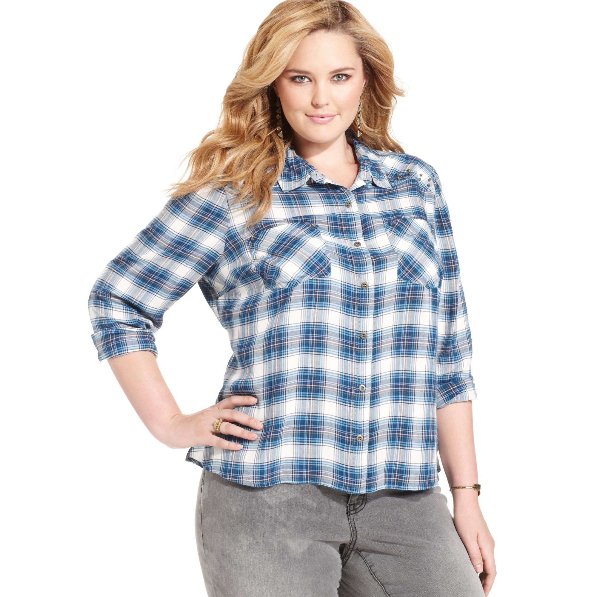 Jessica simpson Long Sleeve Plaid Studded Shirt in Blue | Lyst