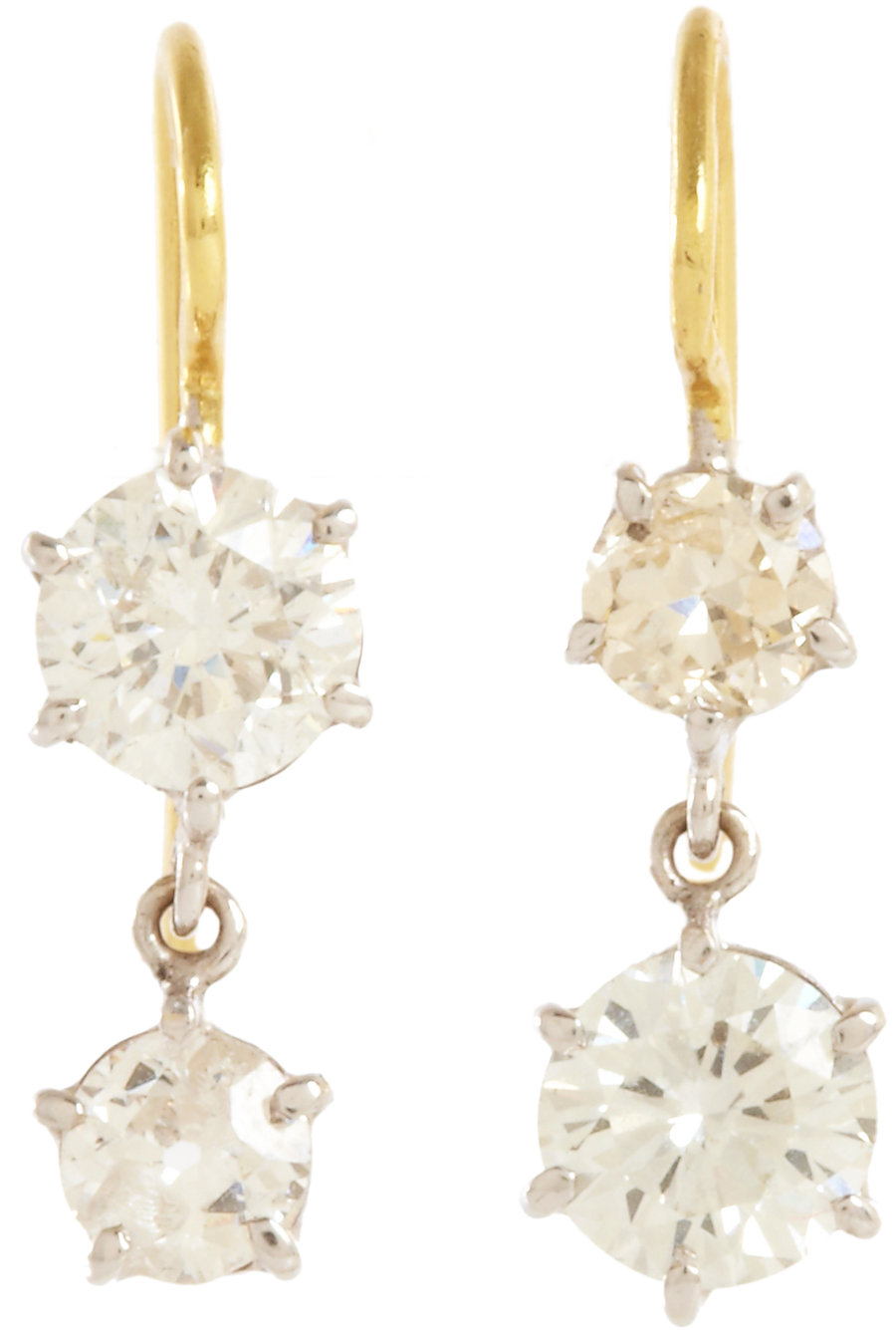 Renee Lewis Antique Diamond Double Drop Earrings in Gold (white) | Lyst