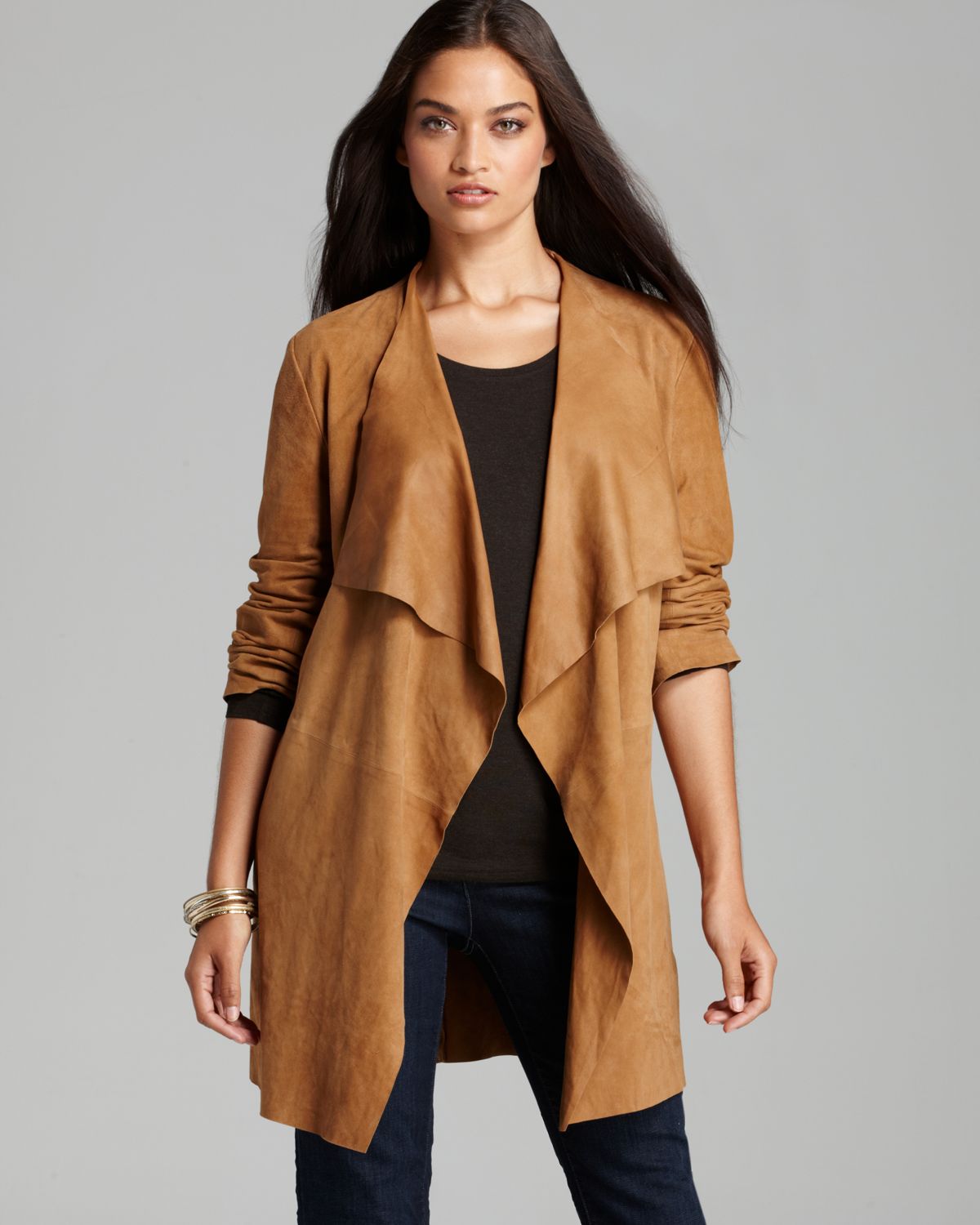 Lyst Eileen Fisher Suede Drape Front Jacket in Orange