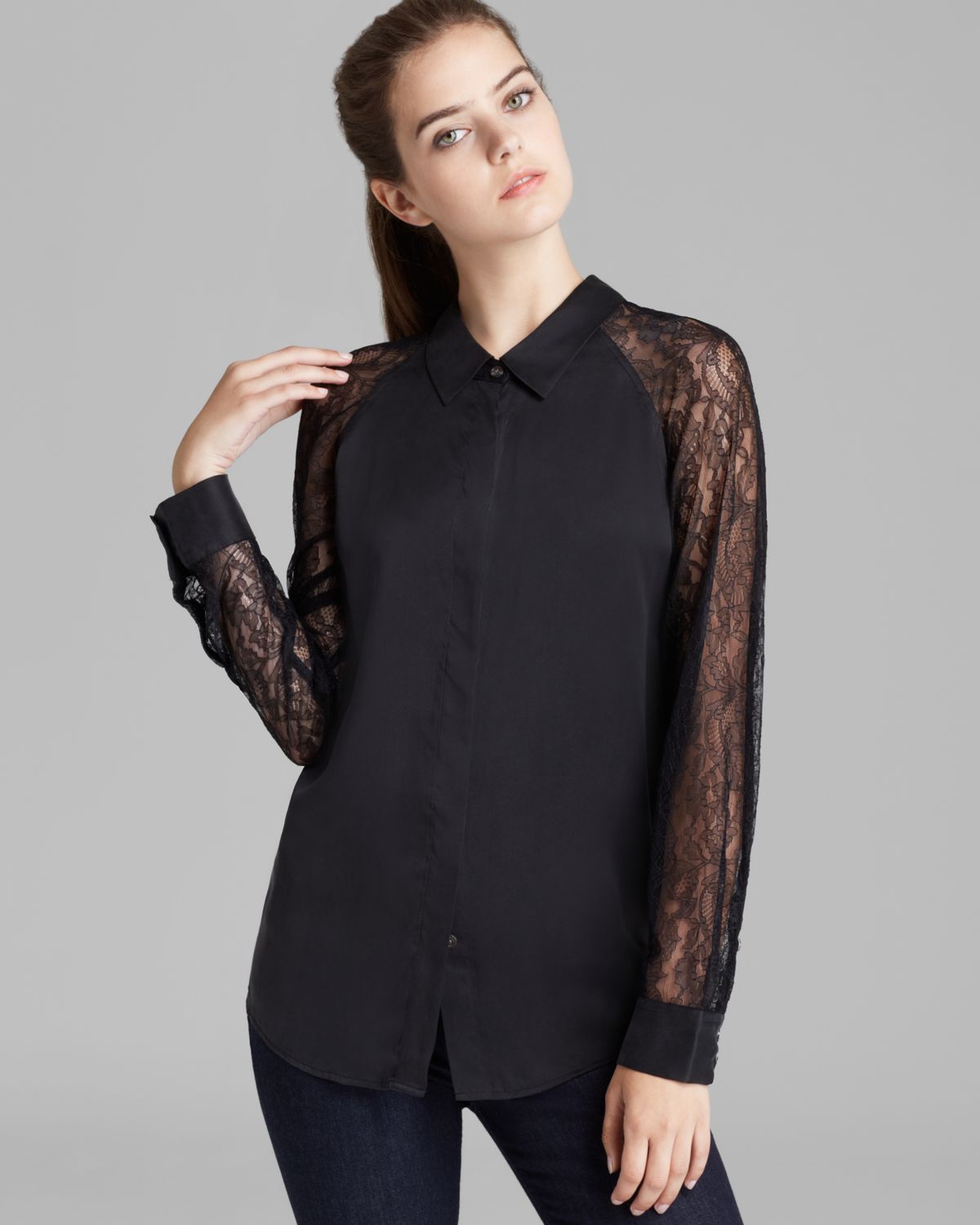 Black blouse with lace sleeves Clearance