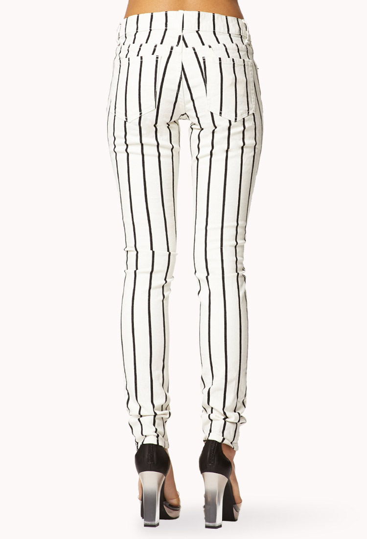 Forever 21 Vertically Striped Skinny Jeans In Natural Lyst 6546