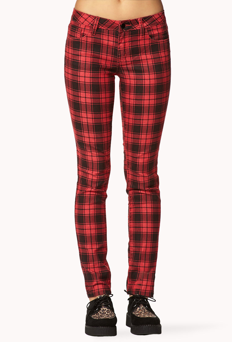 Lyst - Forever 21 Grunge Plaid Skinny Pants in Red
