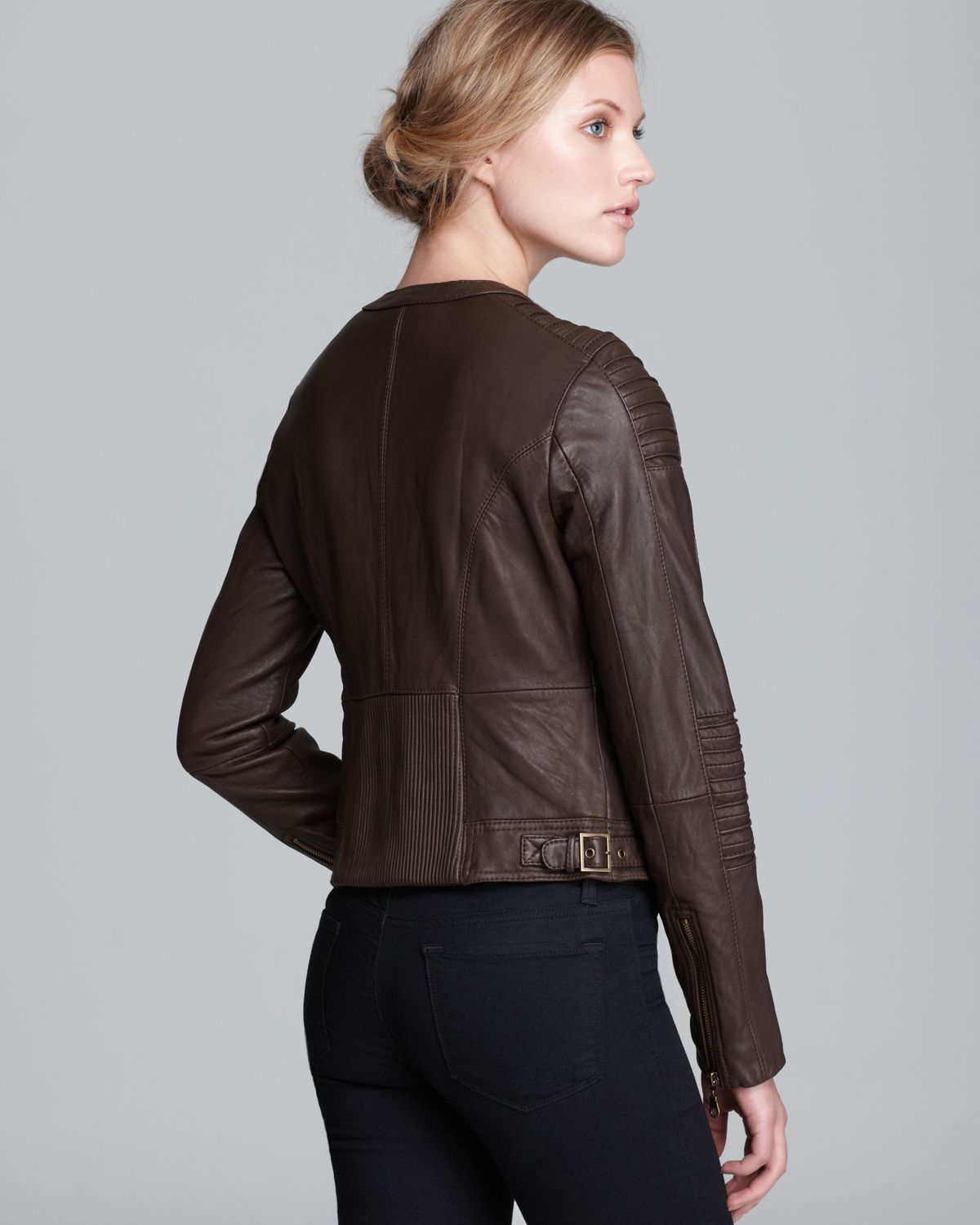 Lyst - Dkny Leather Jacket - Collarless Shoulder Seaming in Natural