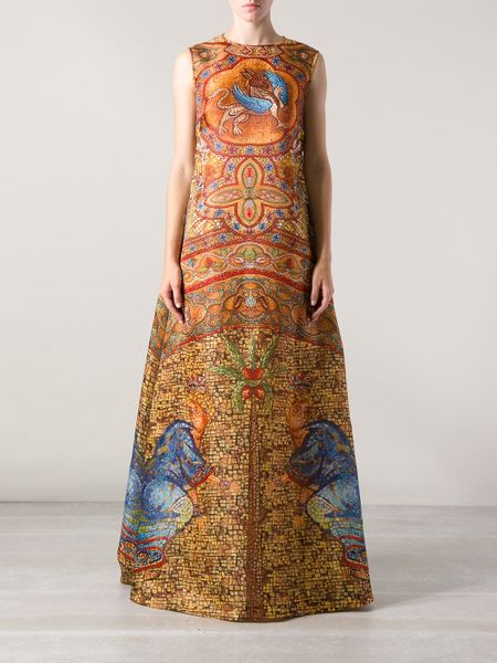 Dolce & Gabbana Long Silk Mosaic Print Dress in Orange (yellow & orange ...