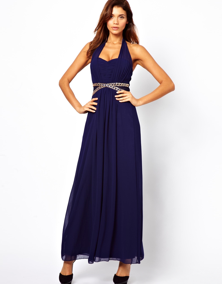 Lyst - Little Mistress Halter Maxi Dress with Embellished Waist in Blue