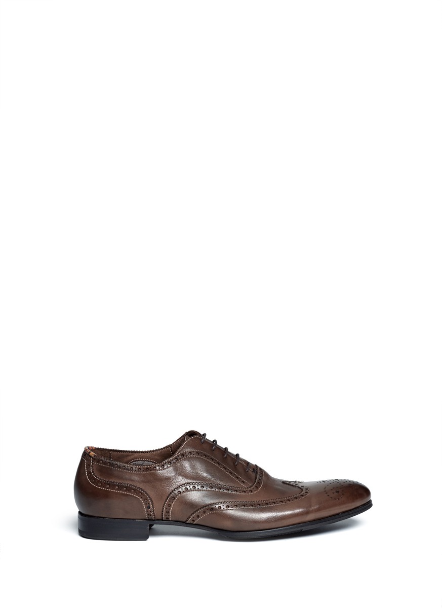 Paul Smith Perforated Wingtip Burnished Leather Oxford Shoes in Brown ...