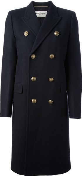 Saint Laurent Double Breasted Coat in Blue | Lyst