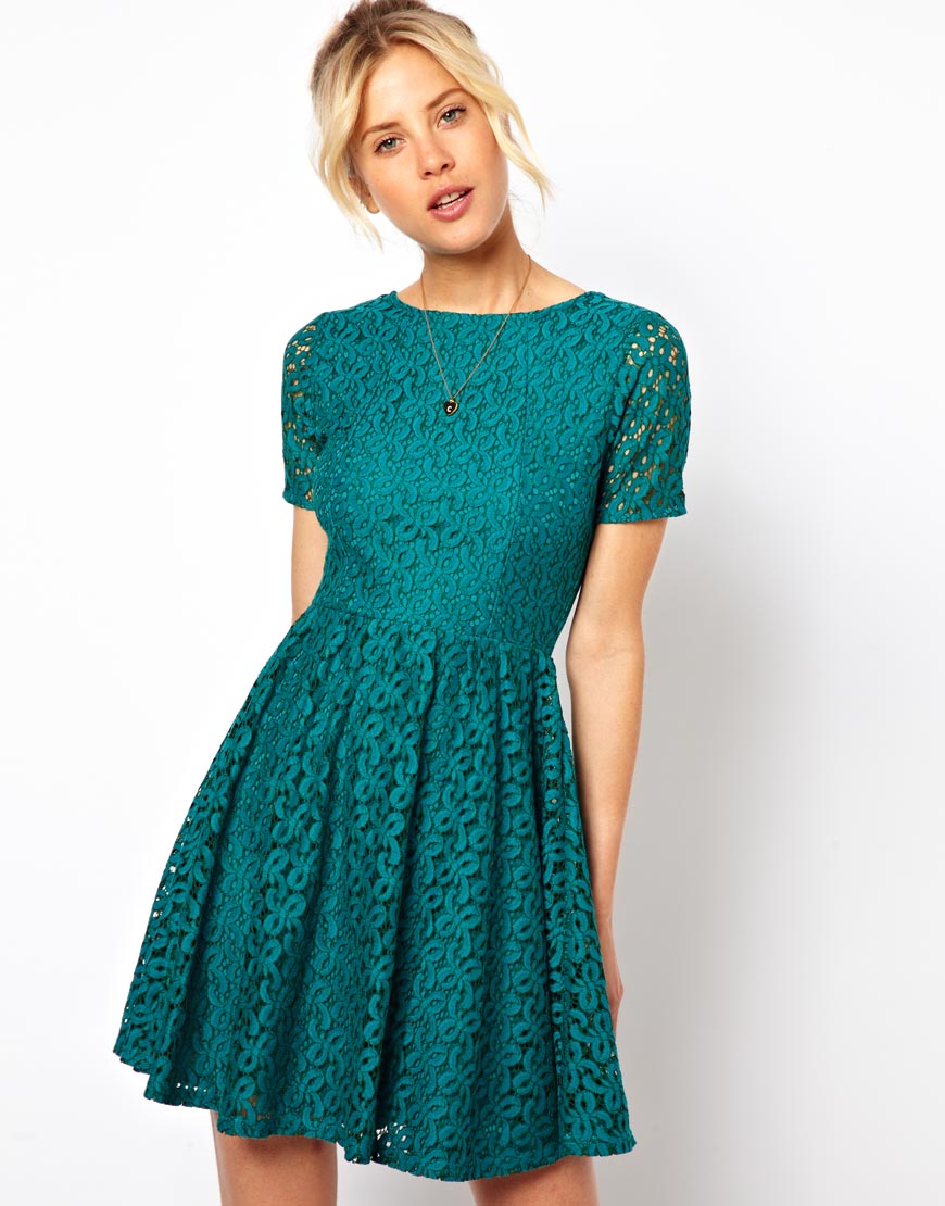 Lyst - Asos Skater Dress in Lace in Green