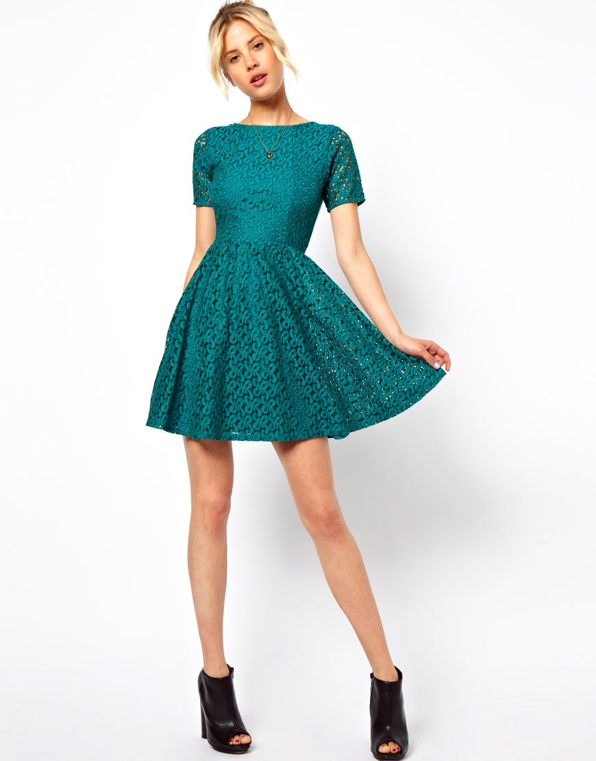 Lyst - Asos Skater Dress in Lace in Green
