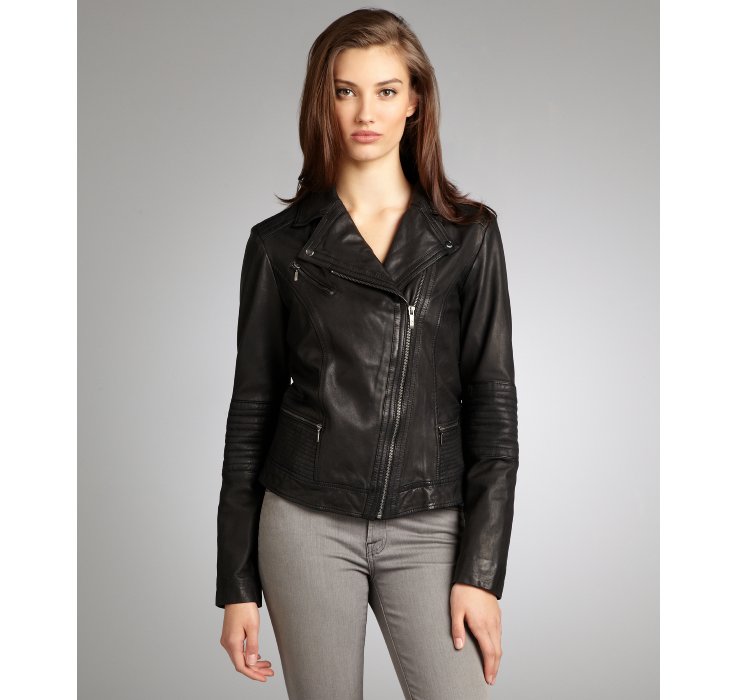 Lyst Cole Haan Black Leather Asymmetrical Zip Front Moto Jacket In Gallery