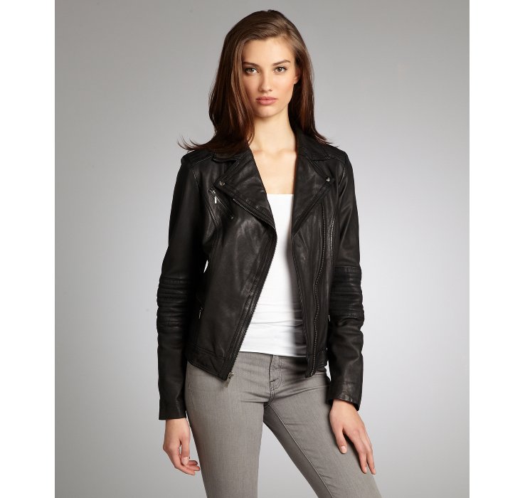 Lyst Cole Haan Black Leather Asymmetrical Zip Front Moto Jacket In Gallery
