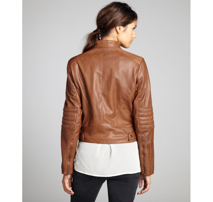 Lyst Cole Haan Saddle Leather Stitch Detailed Zip Moto Jacket In Brown Gallery