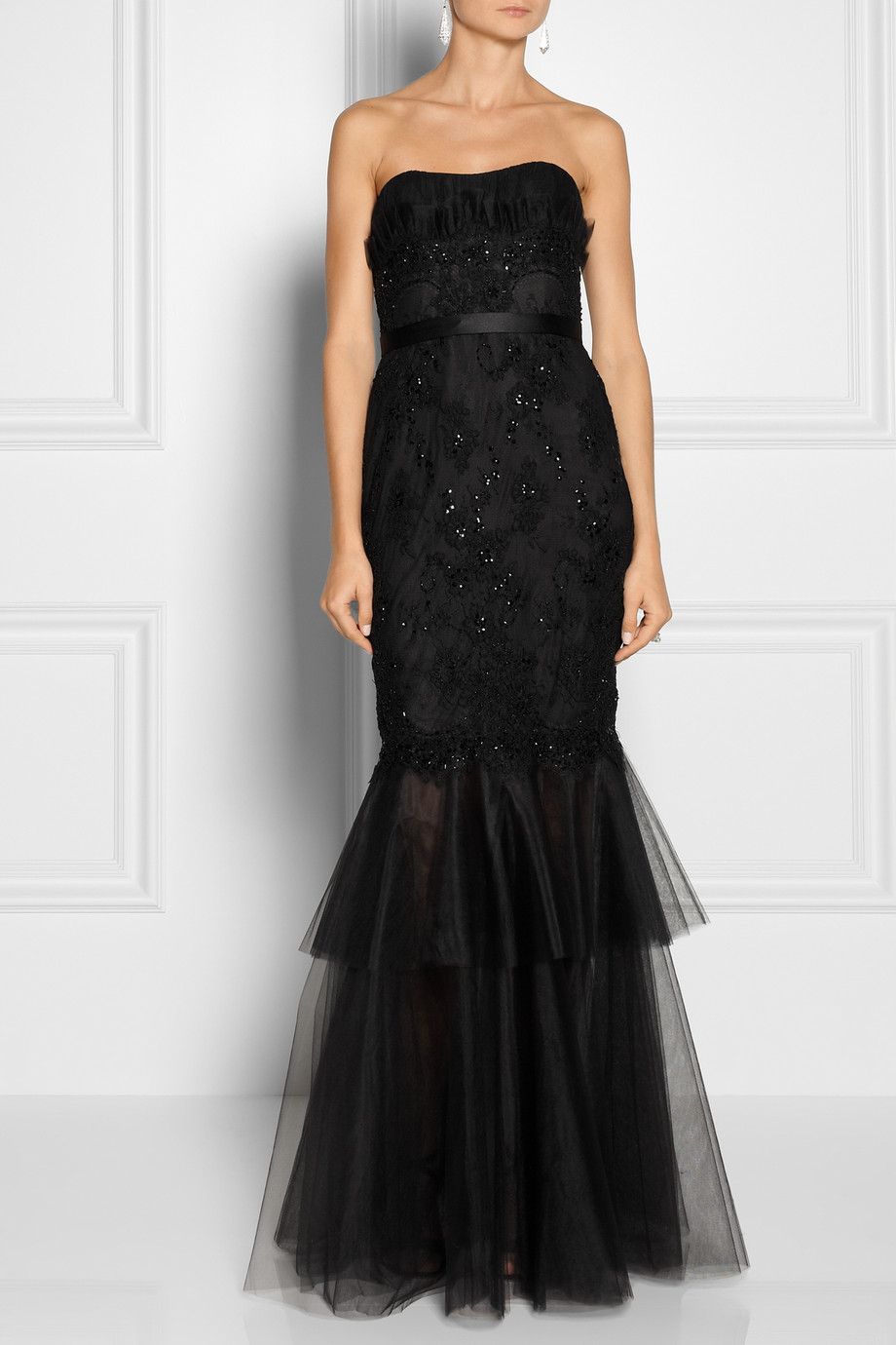 Lyst Notte By Marchesa Embellished Lace And Tulle Gown In Black 9015