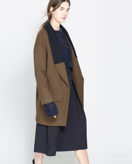 Zara Coat with Knitted Lapel in Black (Toffee) | Lyst