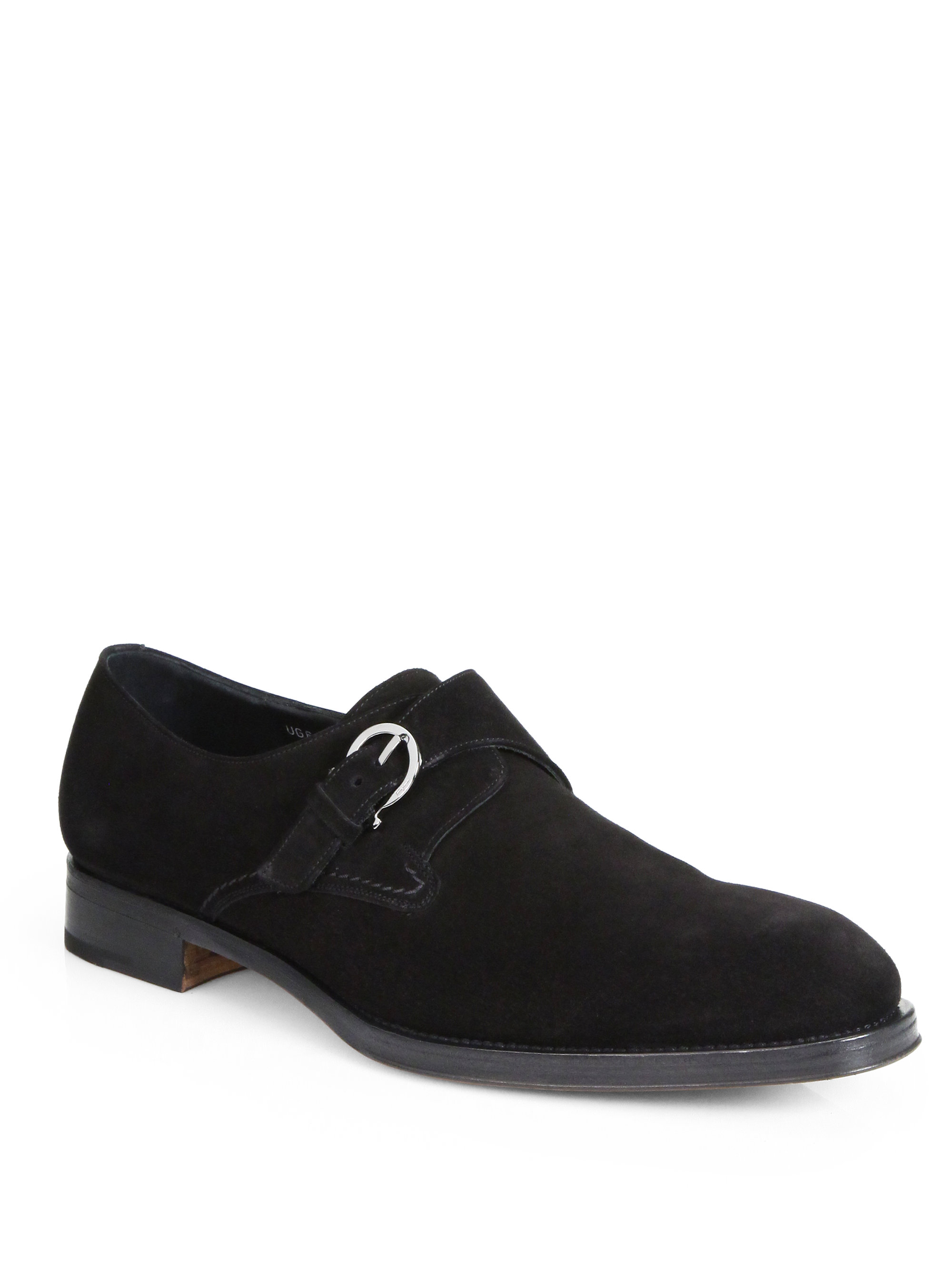 Ferragamo Suede Monkstrap Dress Shoes in Black for Men | Lyst