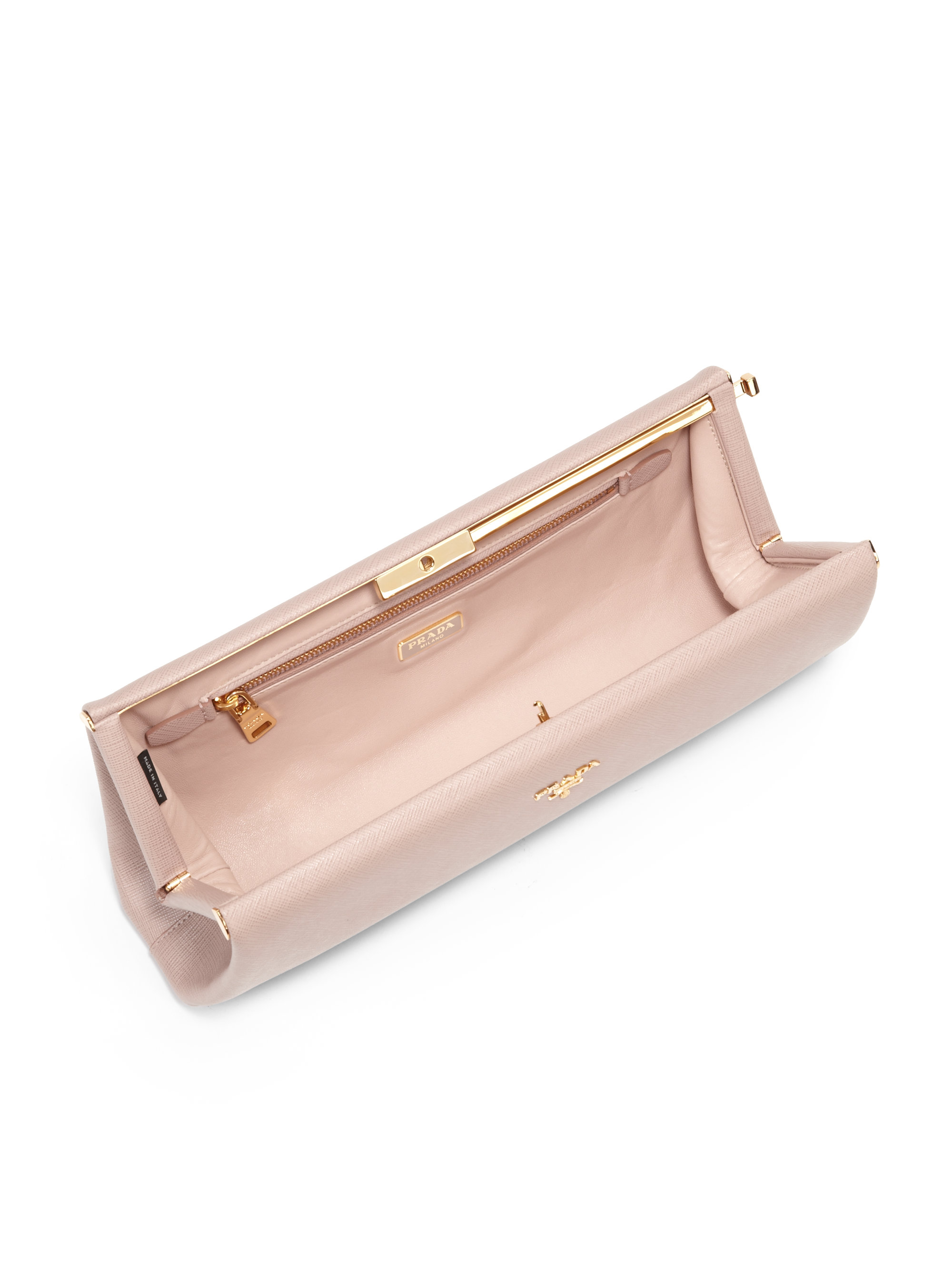 Prada Saffiano Leather Frame Clutch in Pink (CAMMEO-PINK) | Lyst  