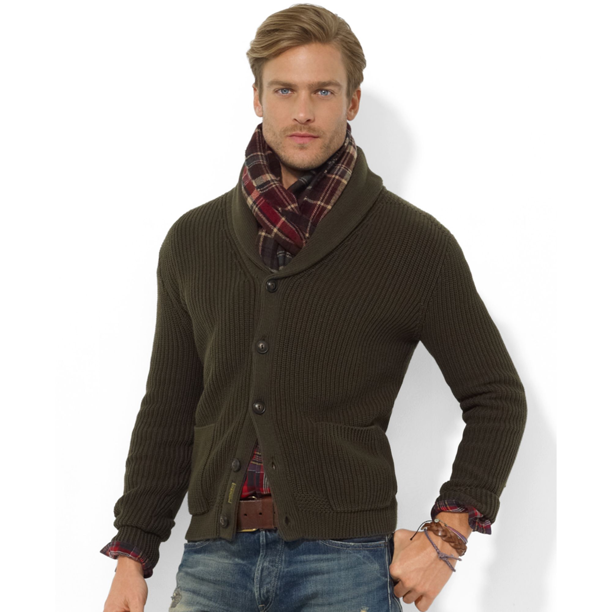  Ralph  lauren  Shawl Collar Carded Cotton Cardigan  in Brown 