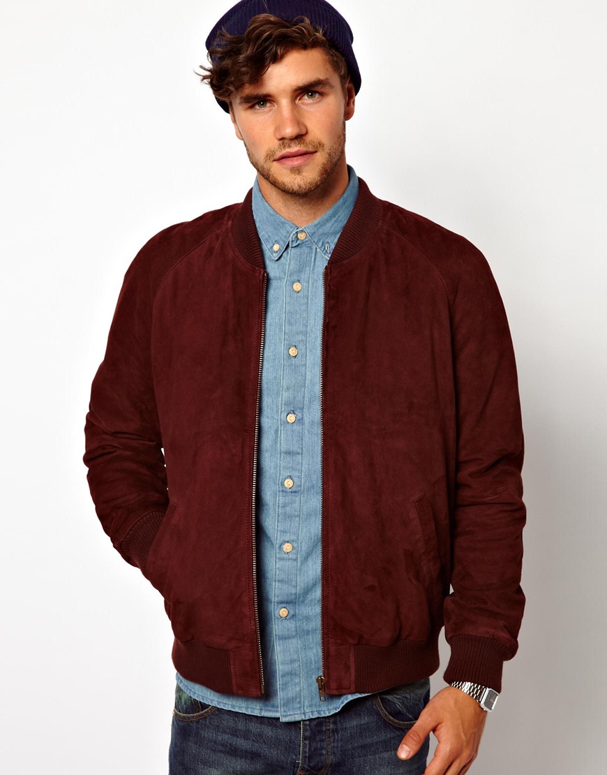 lyst-asos-asos-suede-bomber-jacket-in-red-for-men