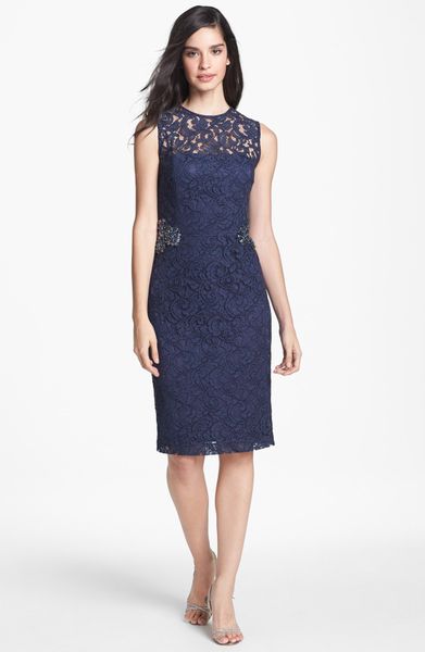 David Meister Embellished Illusion Yoke Lace Sheath Dress in Blue | Lyst