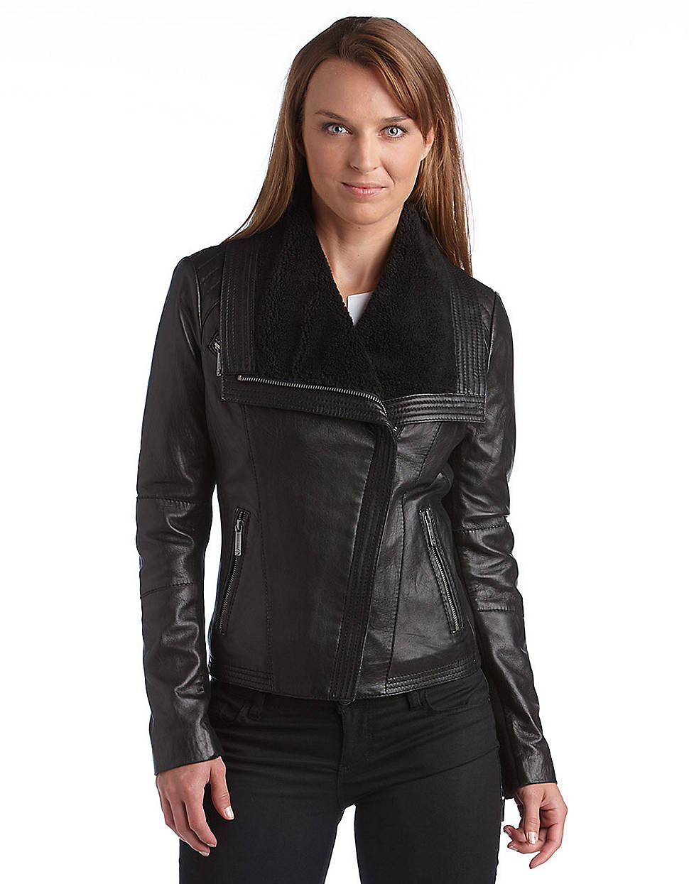 Michael Kors Asymmetrical Zip Sherpa Leather Jacket In Black Lyst Gallery