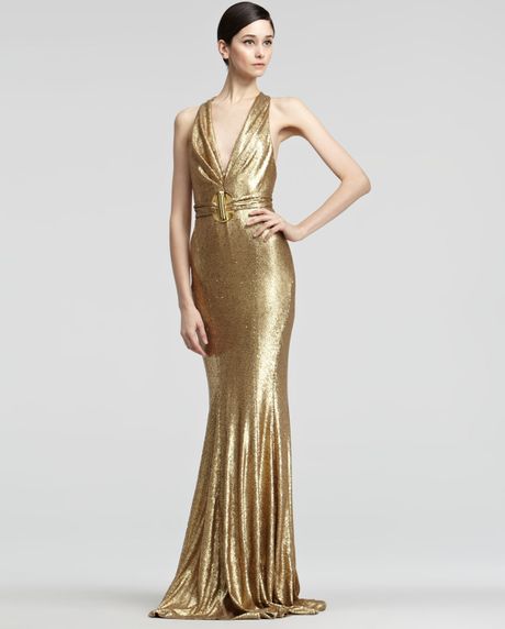 Donna Karan New York Belted Sequined Dress in Gold (midas glow) | Lyst