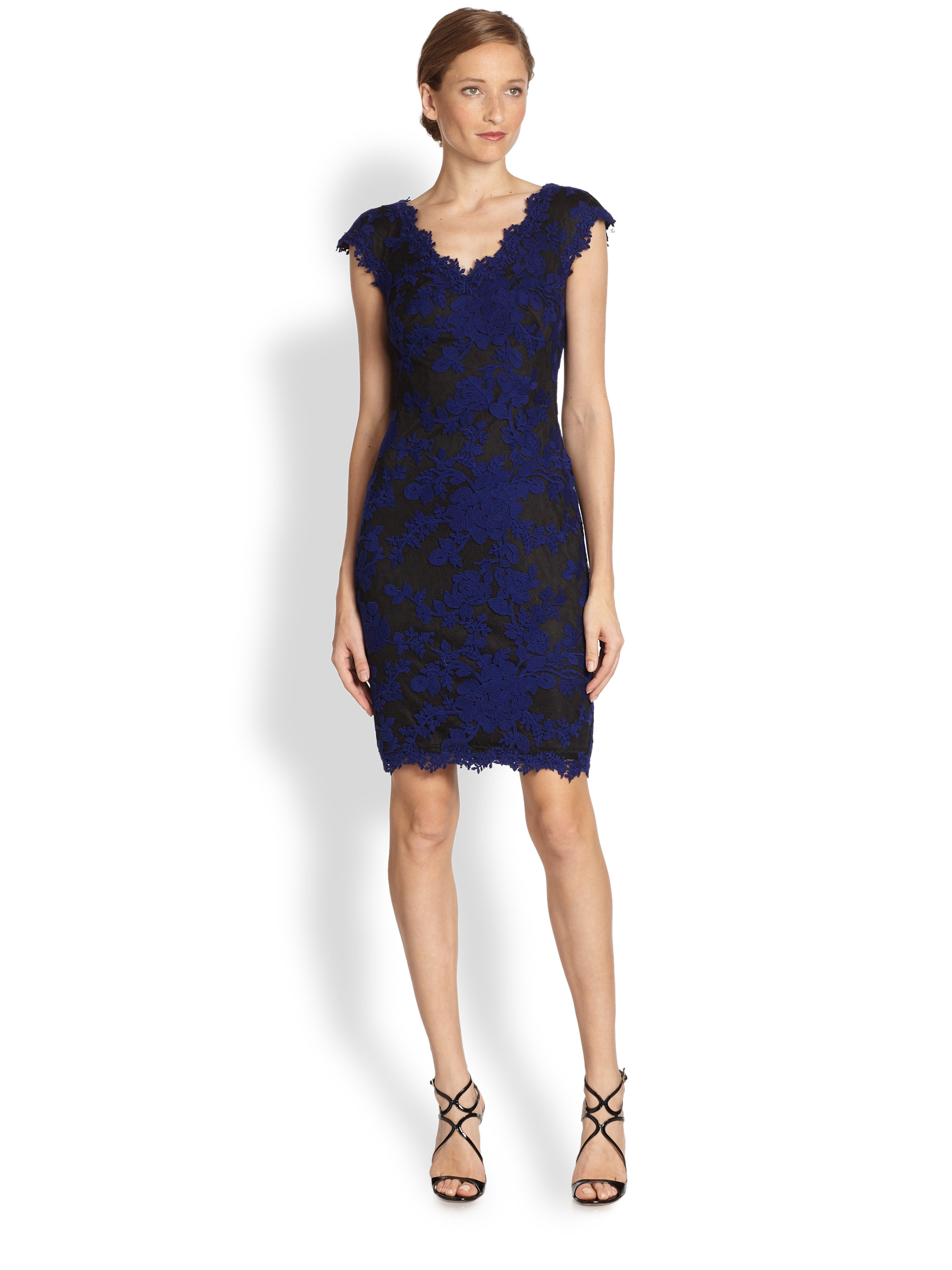 Lyst - Tadashi shoji Capsleeve Lace Dress in Blue