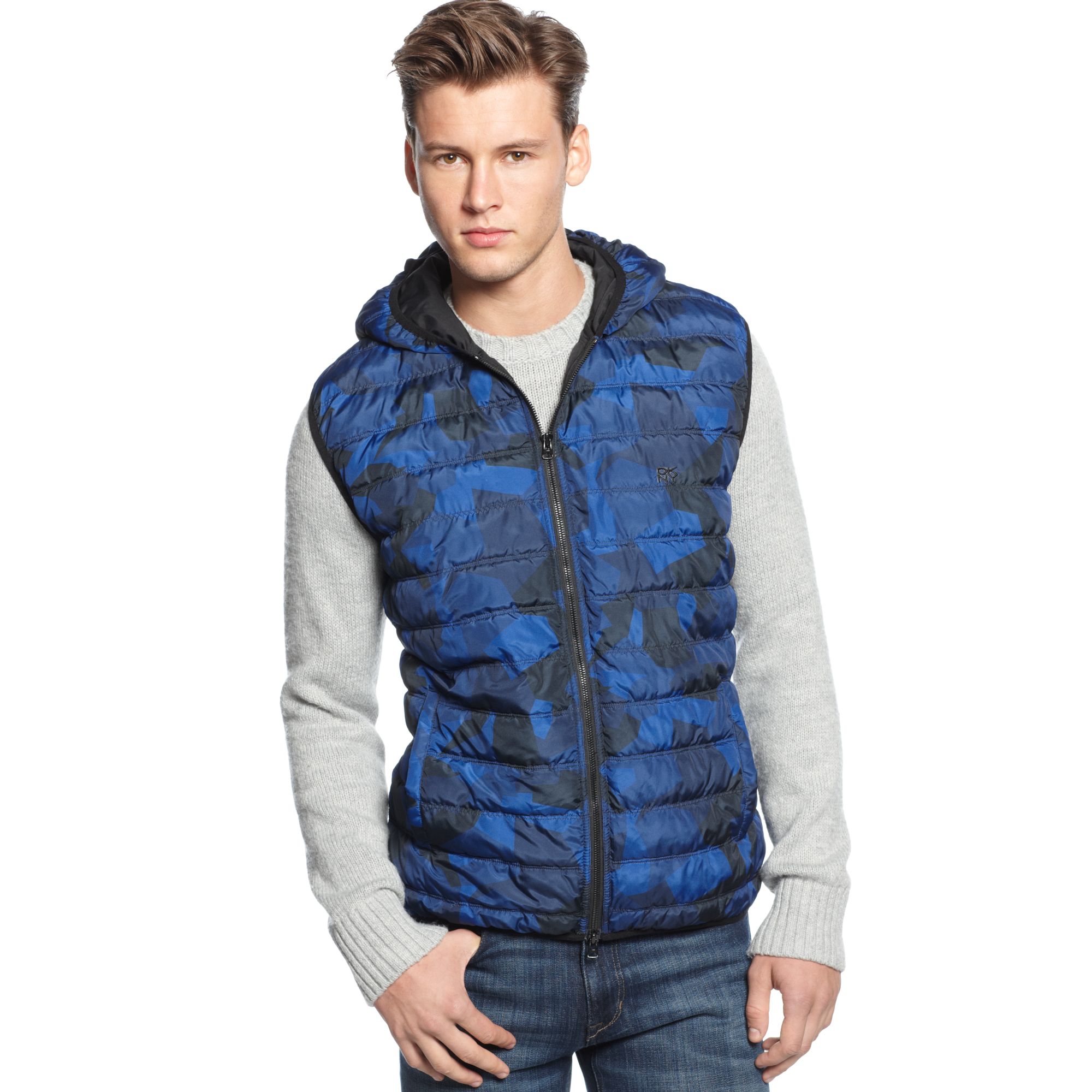 Dkny Light Weight Camo Puffer Vest in Blue for Men Lyst