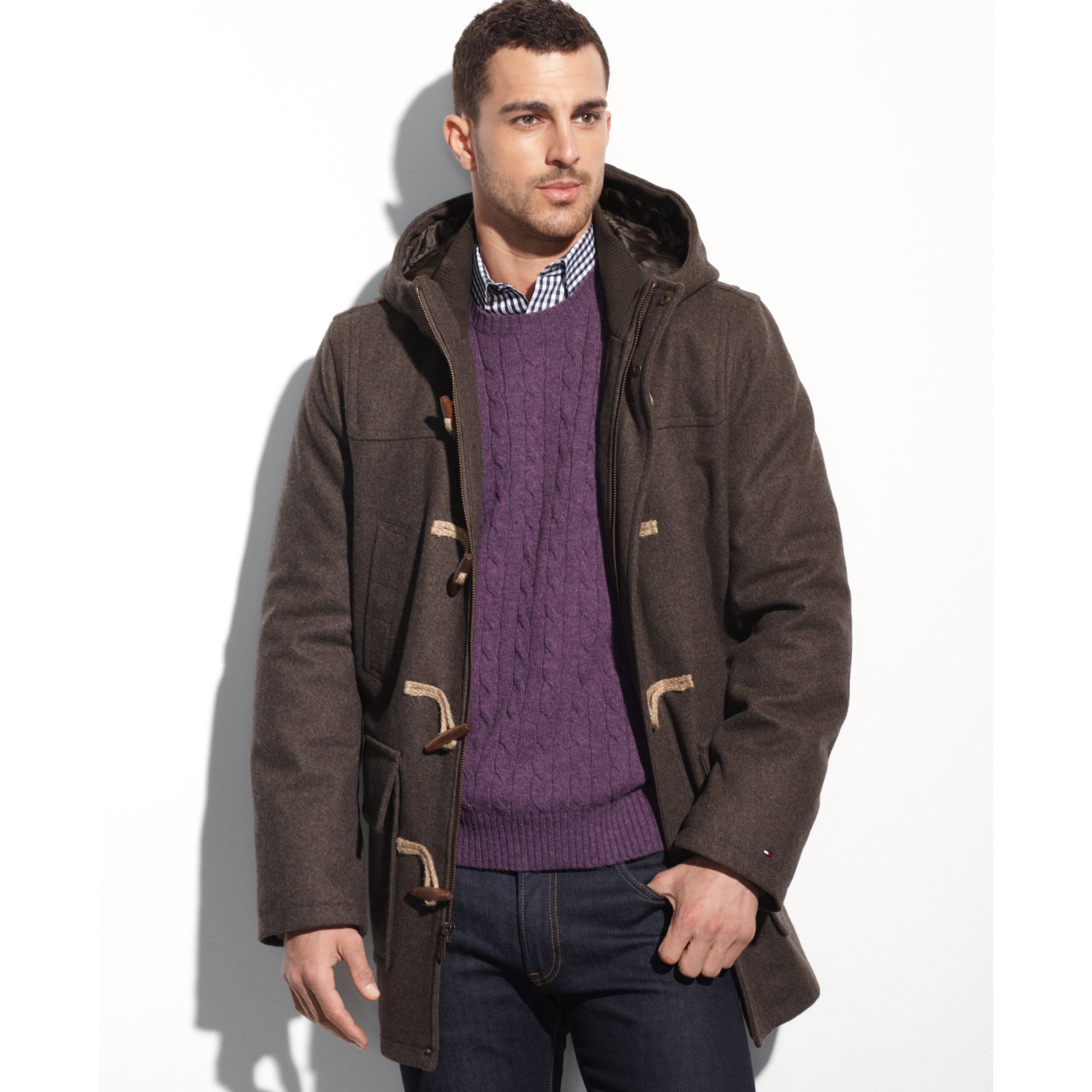 Tommy Hilfiger Melton Wool Hooded Toggle Coat in Brown for Men (Brown ...