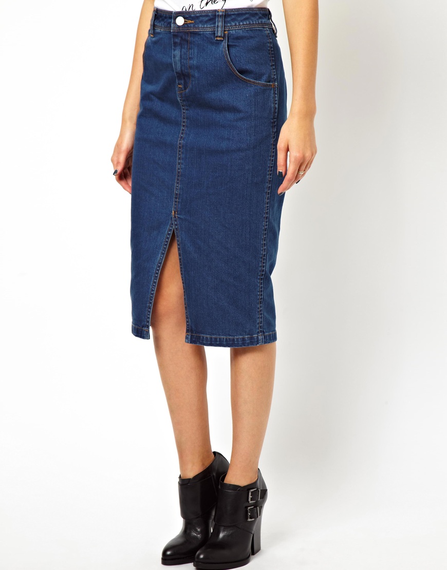 Lyst - ASOS Denim Pencil Skirt with Split Front in Blue