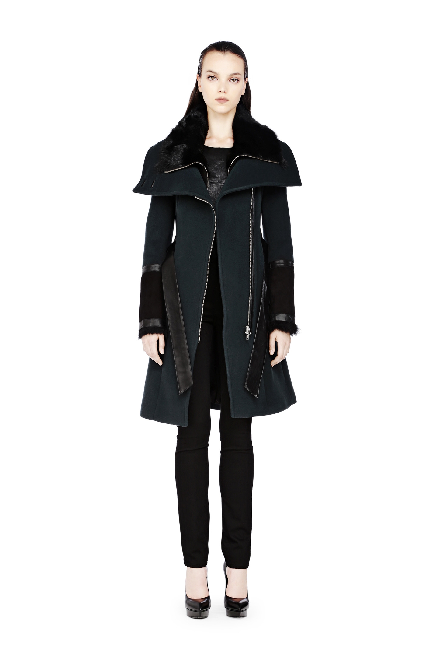 Mackage Long Wool Coat with Fur Trim in Green | Lyst