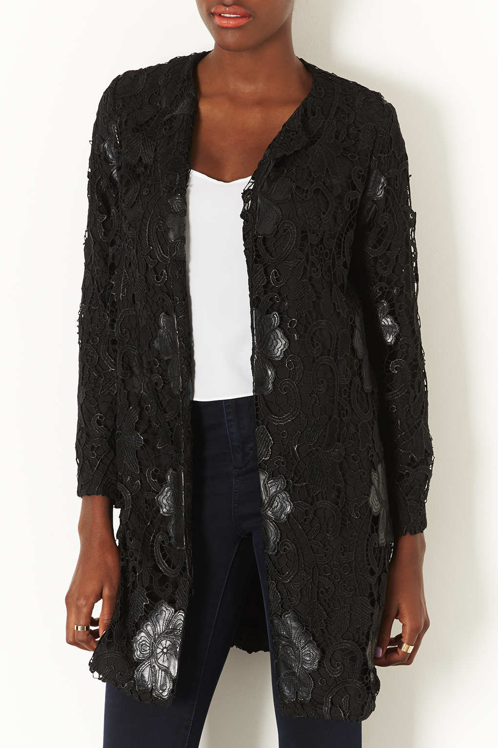Lyst Lace Overlay Coat in Black