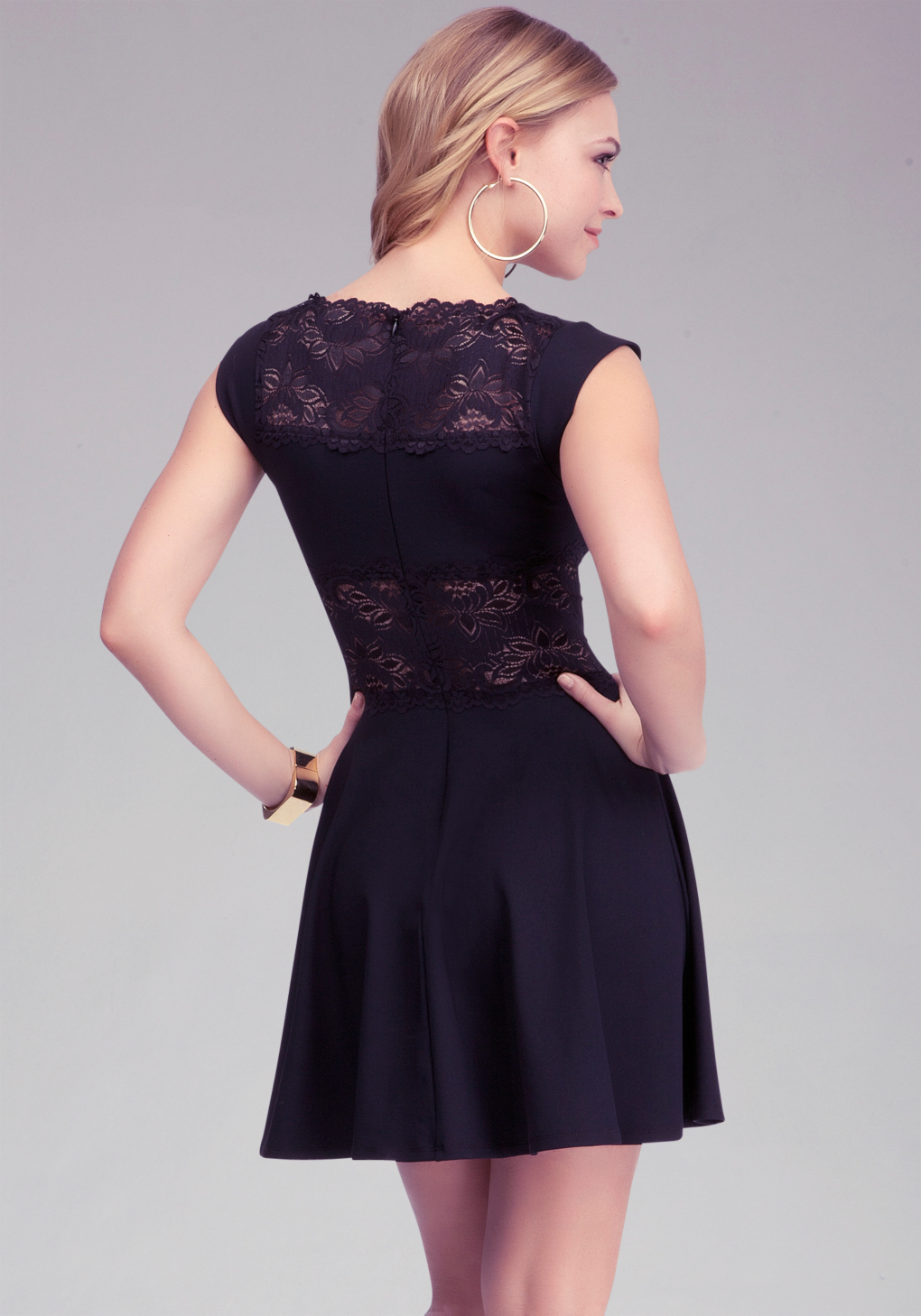 Bebe Lace Panel Midriff Dress In Black Lyst 6419