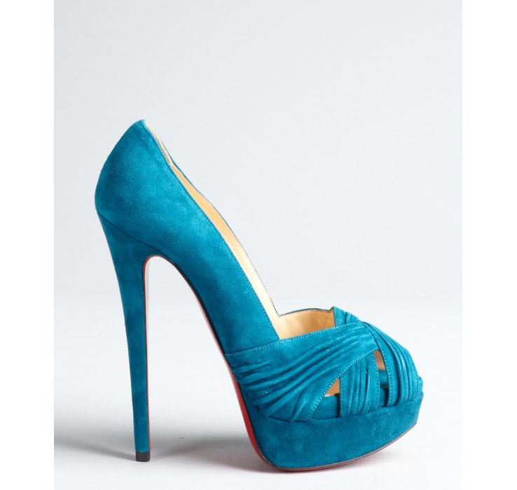 blue suede peep toe heels